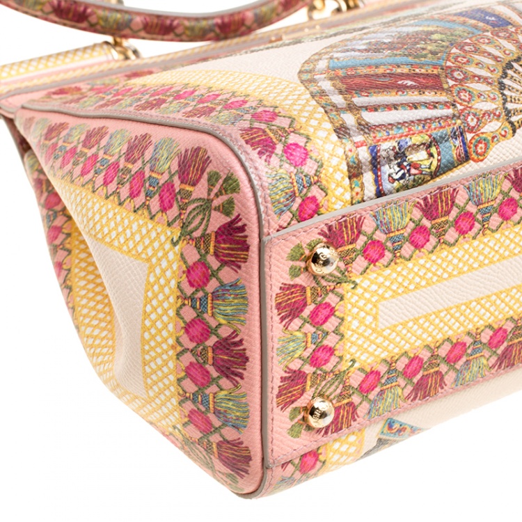 Pre Owned Dolce and Gabbana Multicolor Fan Foulard Printed Leather Medium Miss Sicily Top Handle Bag