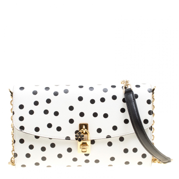 Pre Owned Dolce and Gabbana White Polka Dots Leather Padlock Chain Clutch