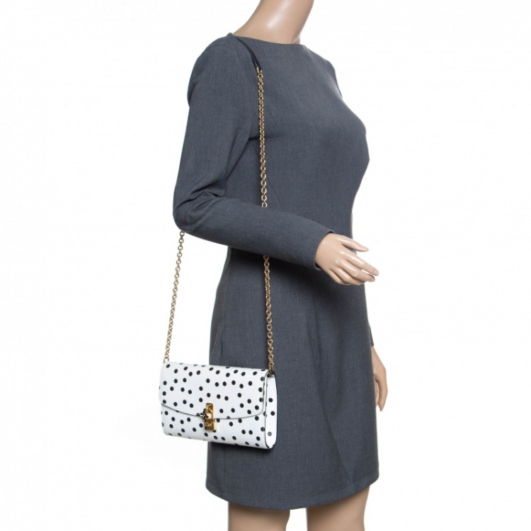 Pre Owned Dolce and Gabbana White Polka Dots Leather Padlock Chain Clutch
