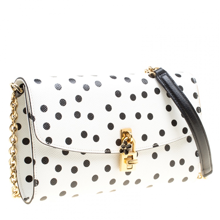 Pre Owned Dolce and Gabbana White Polka Dots Leather Padlock Chain Clutch