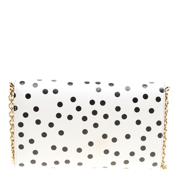 Pre Owned Dolce and Gabbana White Polka Dots Leather Padlock Chain Clutch