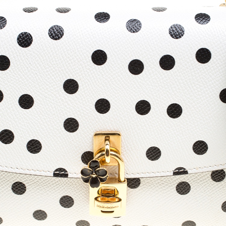 Pre Owned Dolce and Gabbana White Polka Dots Leather Padlock Chain Clutch