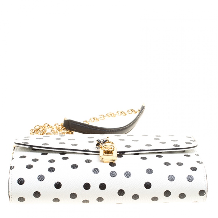 Pre Owned Dolce and Gabbana White Polka Dots Leather Padlock Chain Clutch