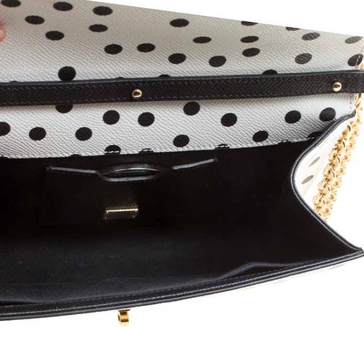 Pre Owned Dolce and Gabbana White Polka Dots Leather Padlock Chain Clutch