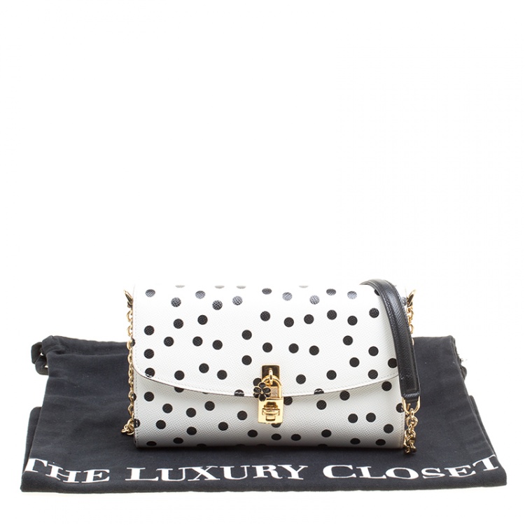 Pre Owned Dolce and Gabbana White Polka Dots Leather Padlock Chain Clutch