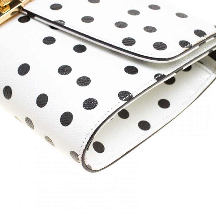 Pre Owned Dolce and Gabbana White Polka Dots Leather Padlock Chain Clutch