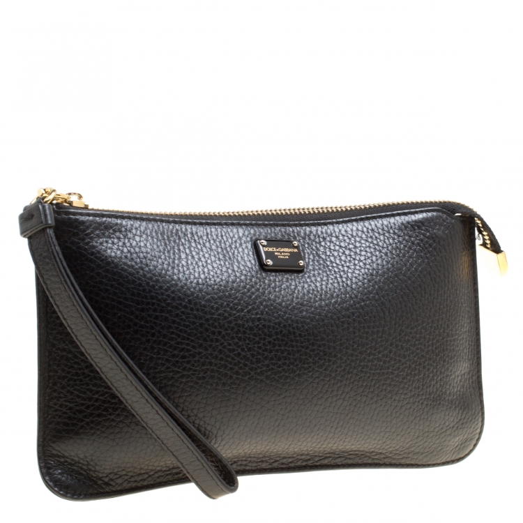 Pre Owned Dolce and Gabbana Black Leather Wristlet Clutch