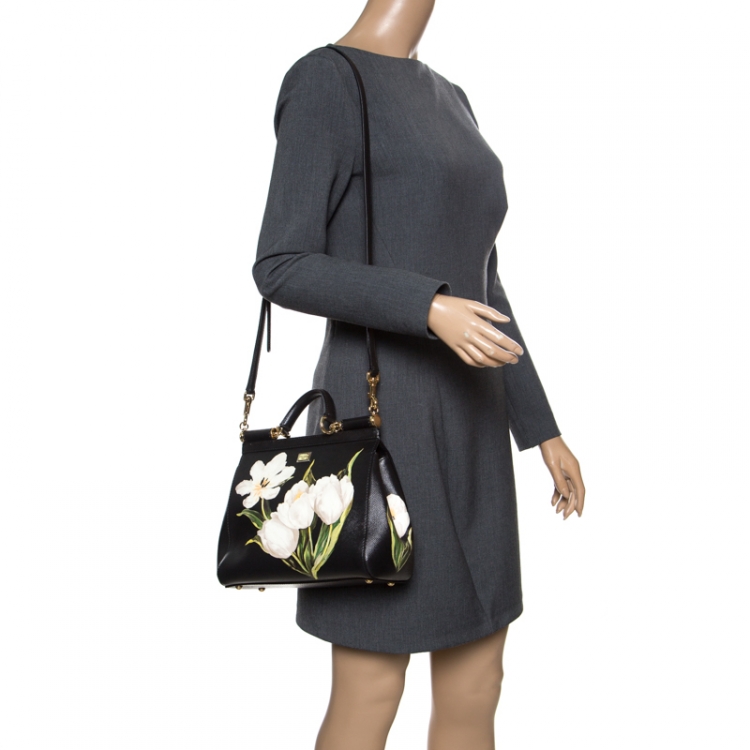 Pre Owned Dolce and Gabbana Black Multicolor Tulip Print Leather Medium Miss Sicily Top Handle Bag