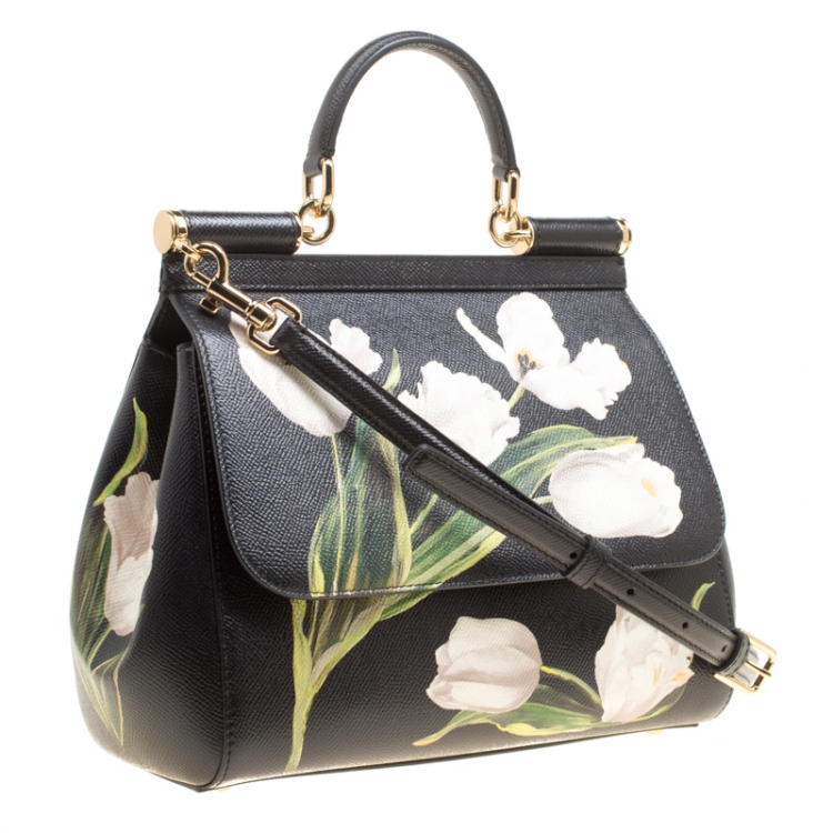 Pre Owned Dolce and Gabbana Black Multicolor Tulip Print Leather Medium Miss Sicily Top Handle Bag