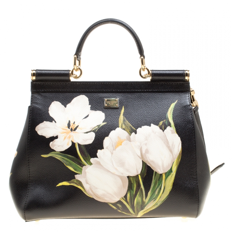 Pre Owned Dolce and Gabbana Black Multicolor Tulip Print Leather Medium Miss Sicily Top Handle Bag
