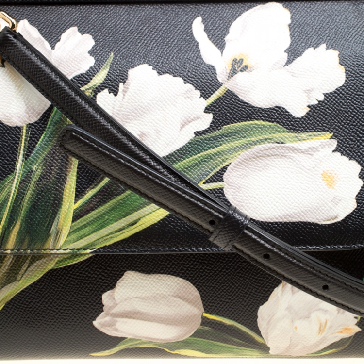 Pre Owned Dolce and Gabbana Black Multicolor Tulip Print Leather Medium Miss Sicily Top Handle Bag