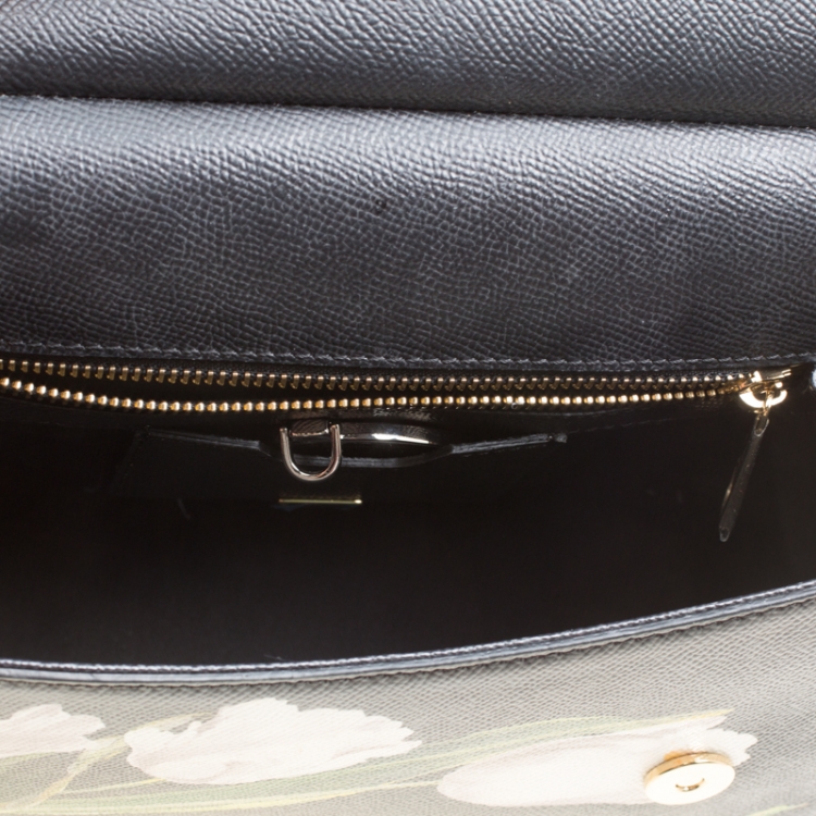 Pre Owned Dolce and Gabbana Black Multicolor Tulip Print Leather Medium Miss Sicily Top Handle Bag