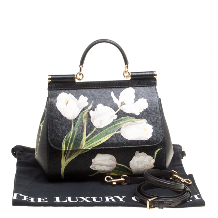 Pre Owned Dolce and Gabbana Black Multicolor Tulip Print Leather Medium Miss Sicily Top Handle Bag