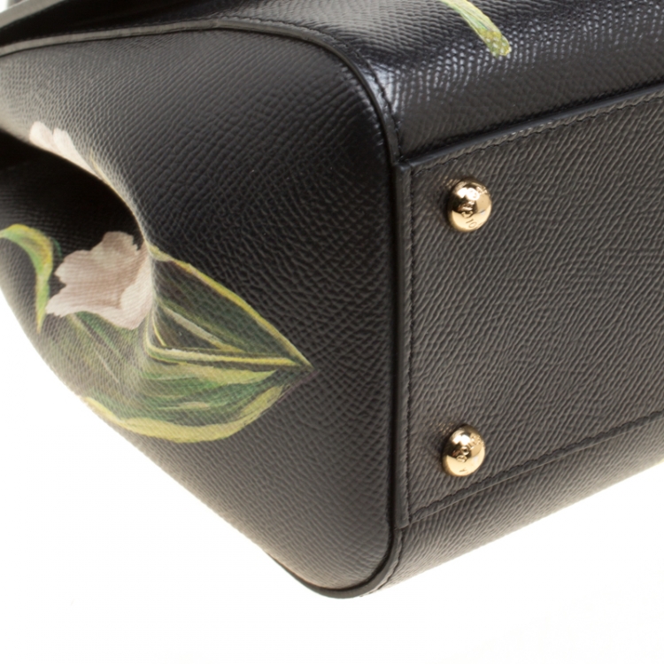 Pre Owned Dolce and Gabbana Black Multicolor Tulip Print Leather Medium Miss Sicily Top Handle Bag