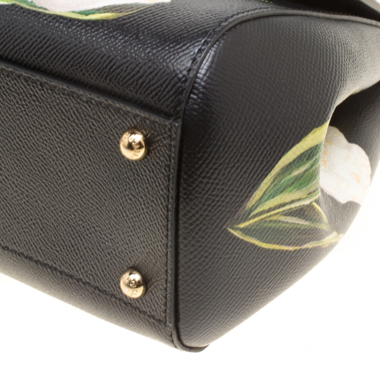Pre Owned Dolce and Gabbana Black Multicolor Tulip Print Leather Medium Miss Sicily Top Handle Bag
