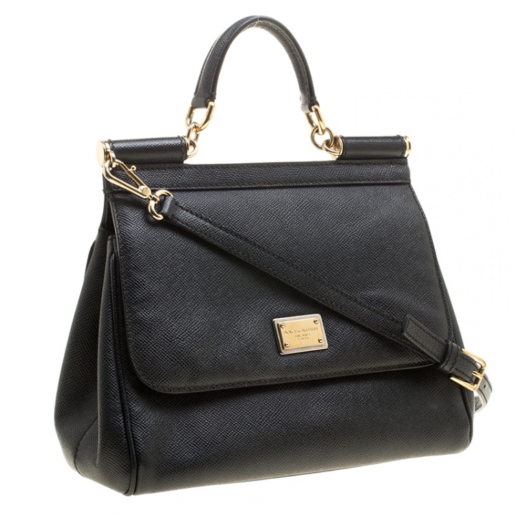 Pre Owned Dolce and Gabbana Black Leather Medium Miss Sicily Top Handle Bag