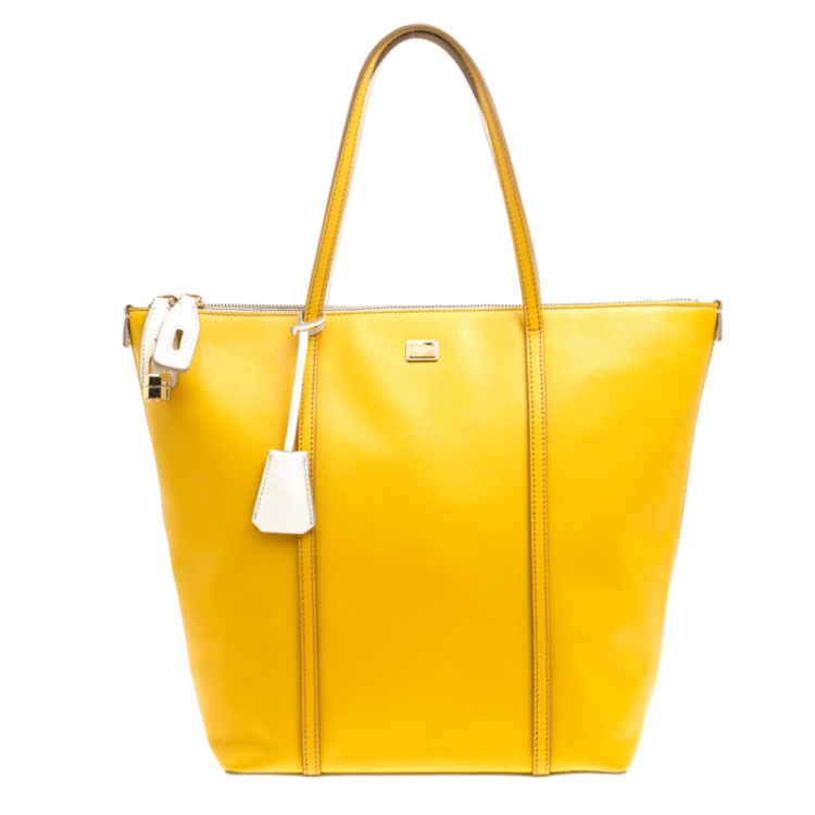 Pre Owned Dolce and Gabbana Yellow/Off White Leather Miss Escape Tote