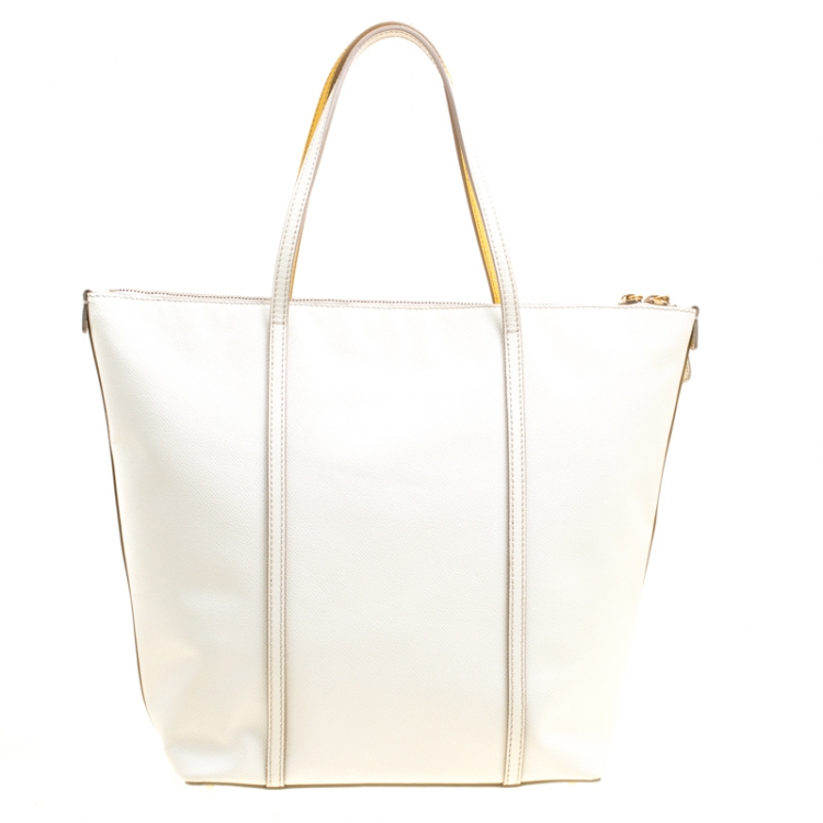 Pre Owned Dolce and Gabbana Yellow/Off White Leather Miss Escape Tote