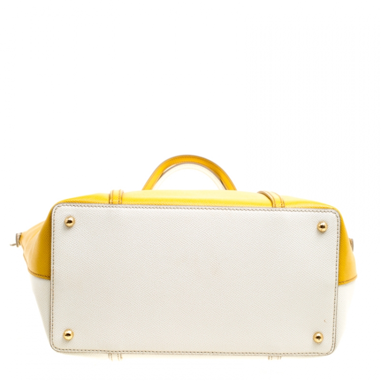 Pre Owned Dolce and Gabbana Yellow/Off White Leather Miss Escape Tote