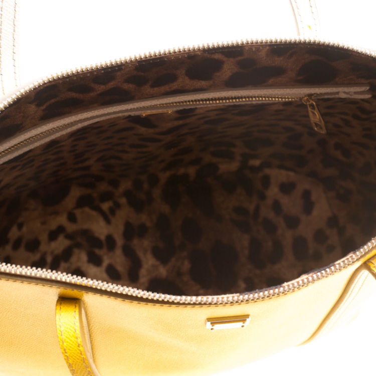Pre Owned Dolce and Gabbana Yellow/Off White Leather Miss Escape Tote