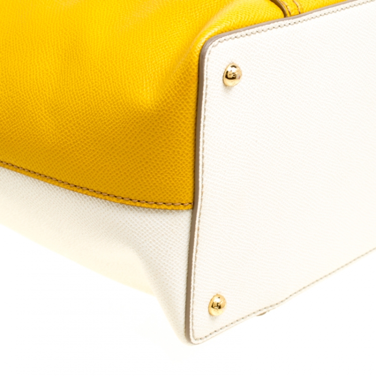 Pre Owned Dolce and Gabbana Yellow/Off White Leather Miss Escape Tote