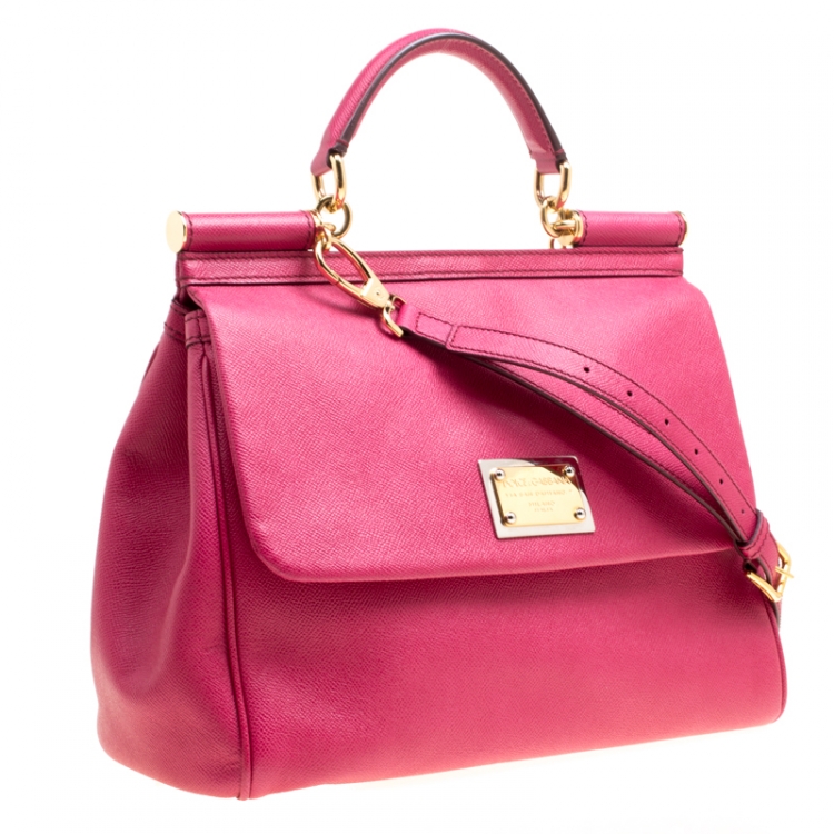 Pre Owned Dolce and Gabbana Fuchsia Pink Leather Large Miss Sicily Top Handle Bag