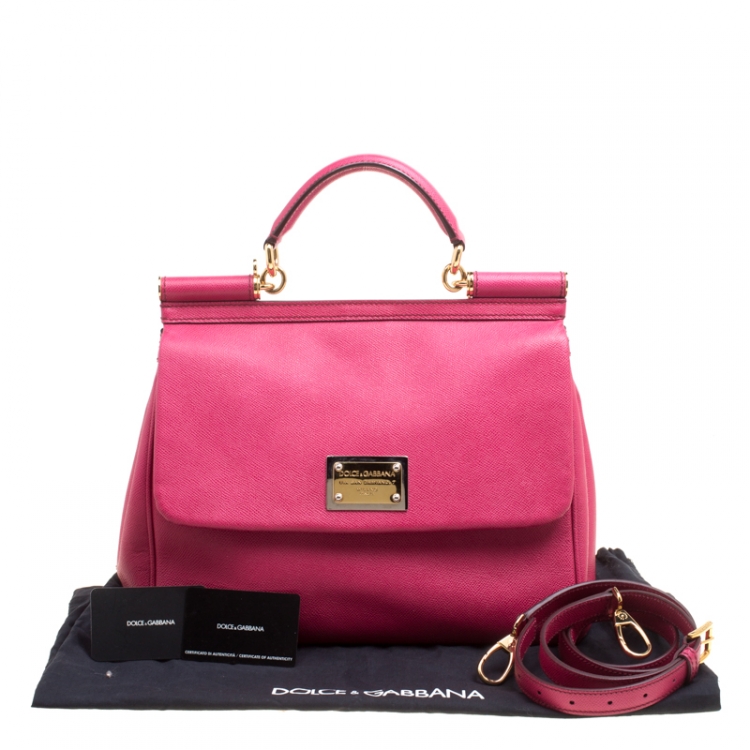 Pre Owned Dolce and Gabbana Fuchsia Pink Leather Large Miss Sicily Top Handle Bag