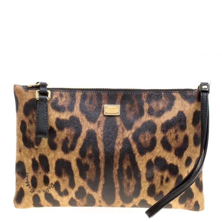 Pre Owned Dolce and Gabbana Brown Leopard Print Coated Canvas Clutch