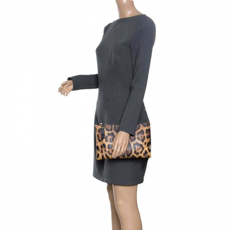 Pre Owned Dolce and Gabbana Brown Leopard Print Coated Canvas Clutch