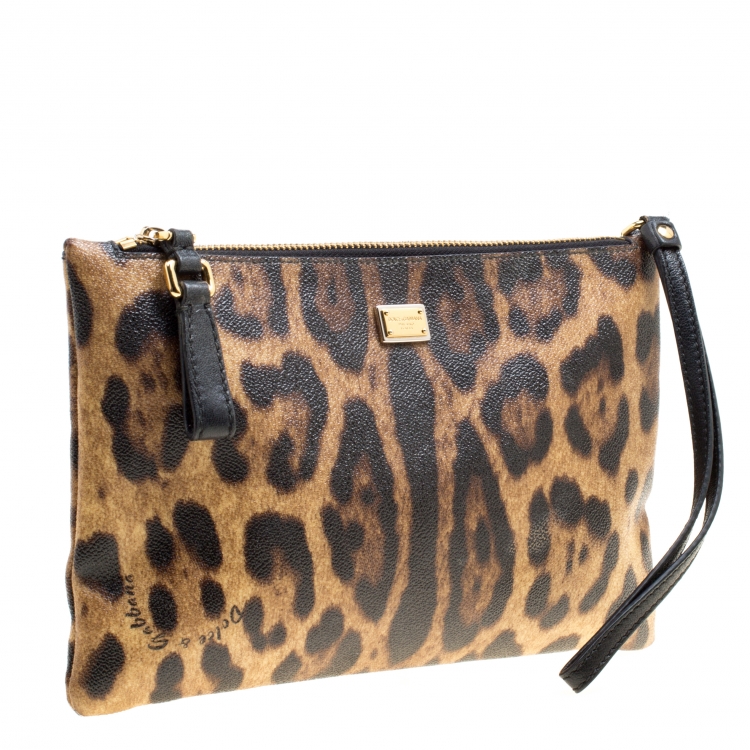 Pre Owned Dolce and Gabbana Brown Leopard Print Coated Canvas Clutch