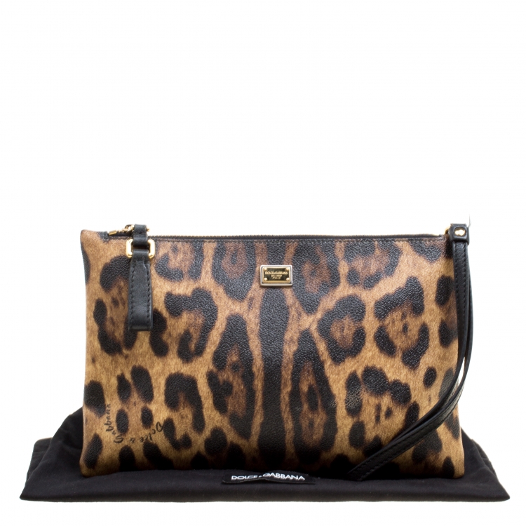 Pre Owned Dolce and Gabbana Brown Leopard Print Coated Canvas Clutch