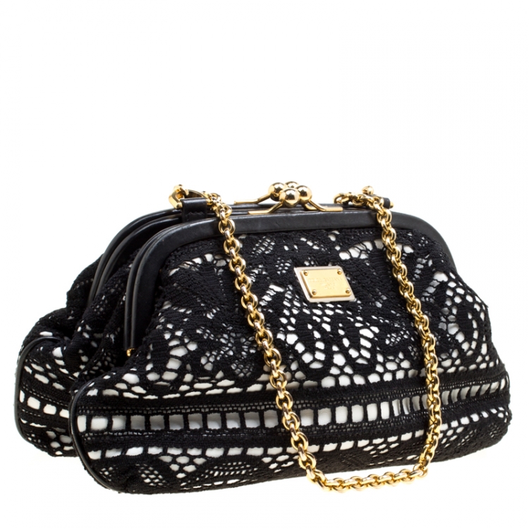 Pre Owned Dolce & Gabbana Black/White Lace and Leather Kiss Lock Frame Clutch