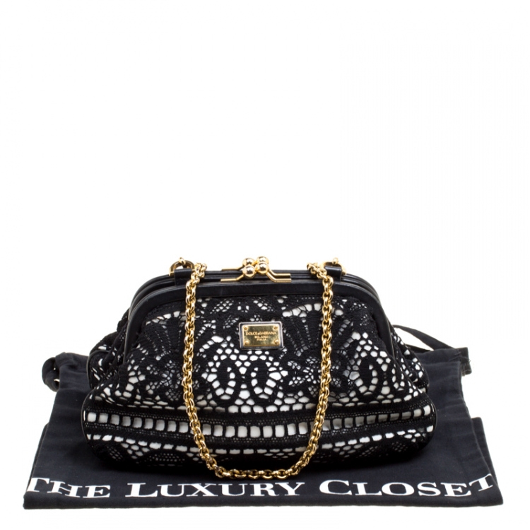 Pre Owned Dolce & Gabbana Black/White Lace and Leather Kiss Lock Frame Clutch