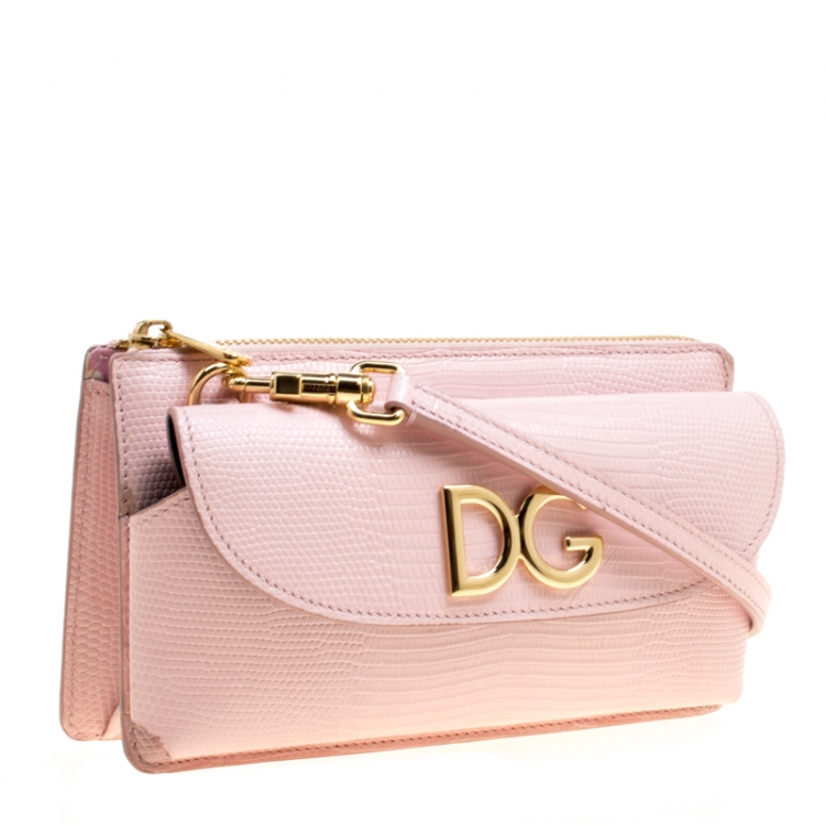 مملوكة مسبقًا Dolce and Gabbana Pink Lizard Embossed Leather Crossbody Bag