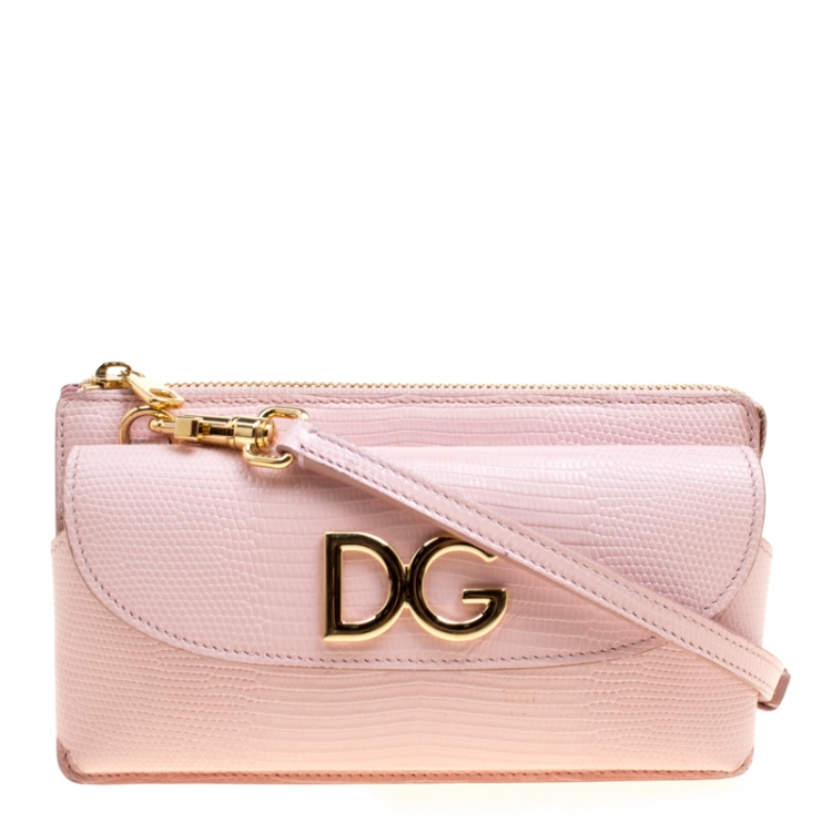 مملوكة مسبقًا Dolce and Gabbana Pink Lizard Embossed Leather Crossbody Bag