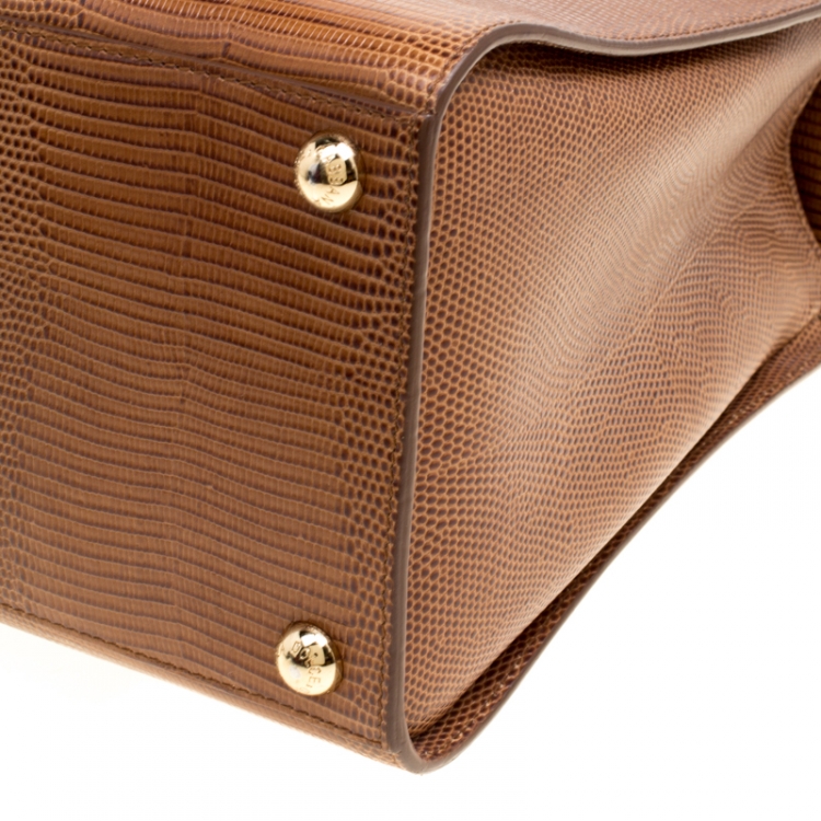 Pre Owned Dolce & Gabbana Brown Lizard Embossed Leather Large Monica Top Handle Bag