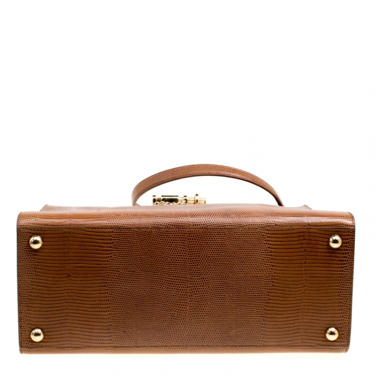 Pre Owned Dolce & Gabbana Brown Lizard Embossed Leather Large Monica Top Handle Bag