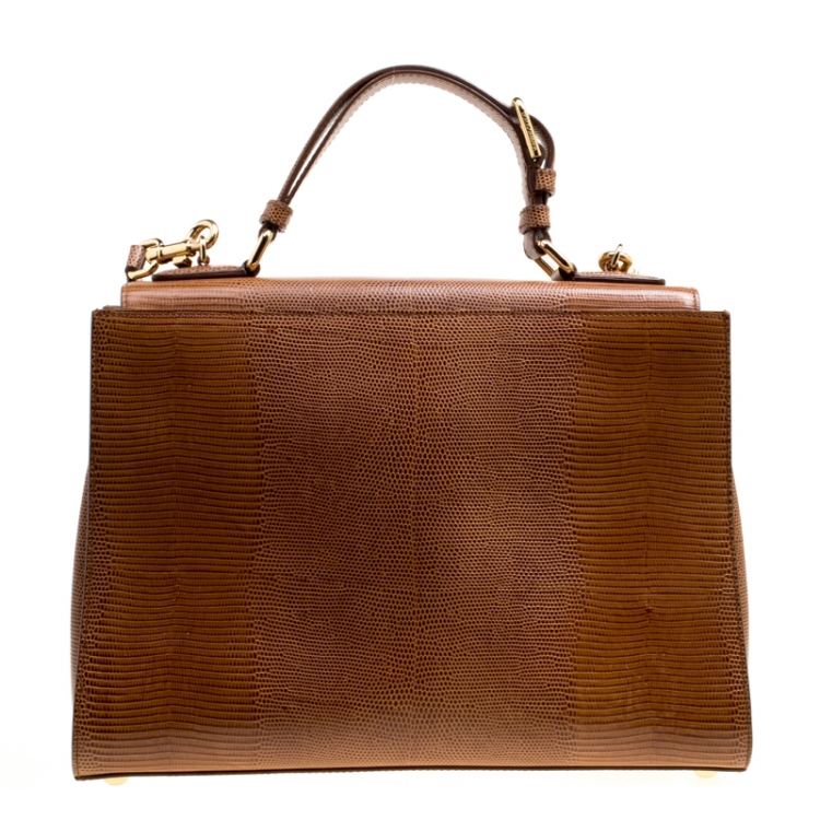 Pre Owned Dolce & Gabbana Brown Lizard Embossed Leather Large Monica Top Handle Bag