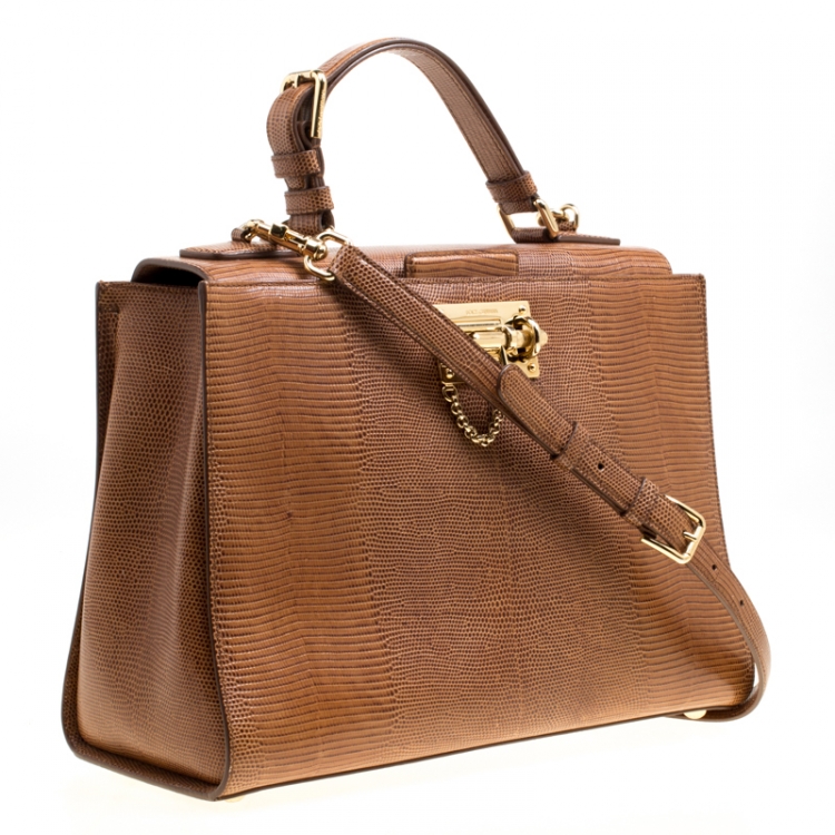 Pre Owned Dolce & Gabbana Brown Lizard Embossed Leather Large Monica Top Handle Bag