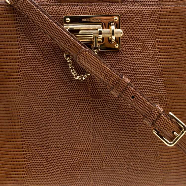 Pre Owned Dolce & Gabbana Brown Lizard Embossed Leather Large Monica Top Handle Bag