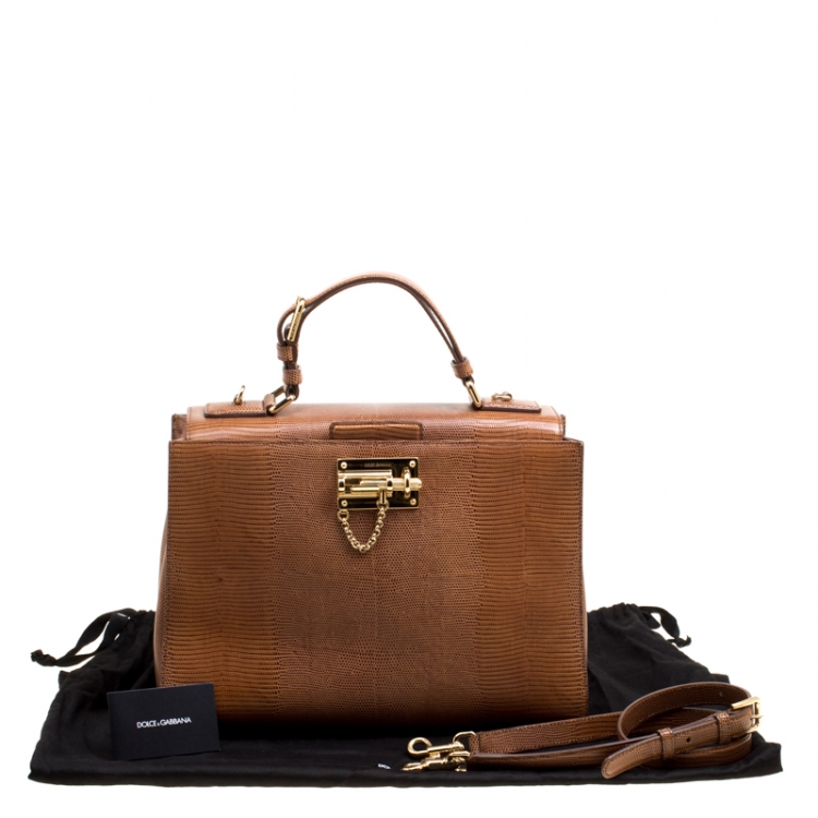 Pre Owned Dolce & Gabbana Brown Lizard Embossed Leather Large Monica Top Handle Bag