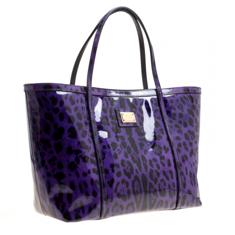 Pre Owned Dolce and Gabbana Purple Leopard Print Patent Leather Miss Escape Tote