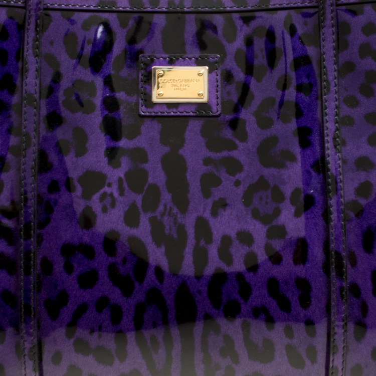 Pre Owned Dolce and Gabbana Purple Leopard Print Patent Leather Miss Escape Tote