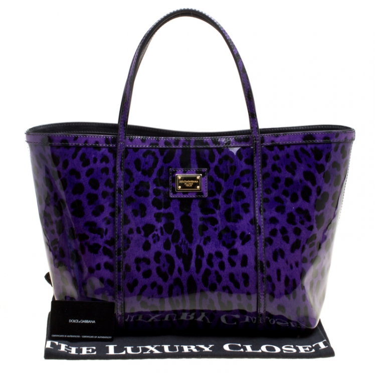 Pre Owned Dolce and Gabbana Purple Leopard Print Patent Leather Miss Escape Tote