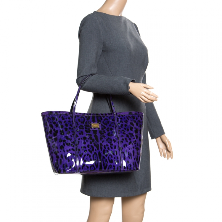 Pre Owned Dolce and Gabbana Purple Leopard Print Patent Leather Miss Escape Tote