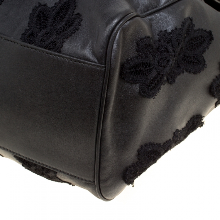 Pre Owned Dolce and Gabbana Black Leather and Lace Large Soft Miss Sicily Top Handle Bag