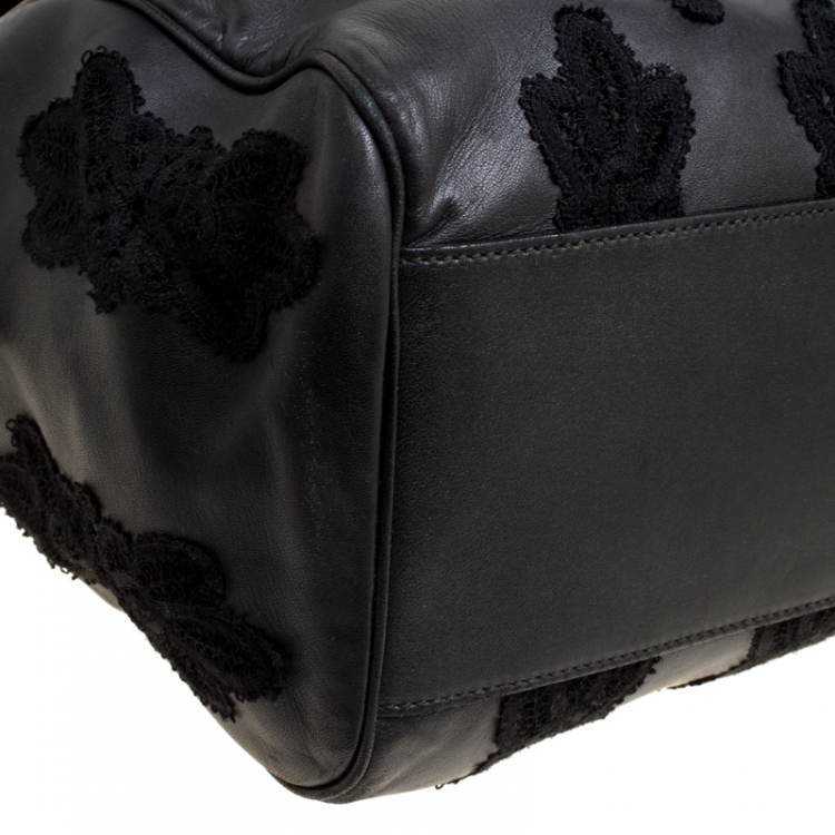 Pre Owned Dolce and Gabbana Black Leather and Lace Large Soft Miss Sicily Top Handle Bag