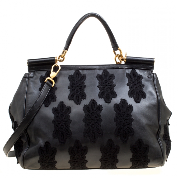 Pre Owned Dolce and Gabbana Black Leather and Lace Large Soft Miss Sicily Top Handle Bag