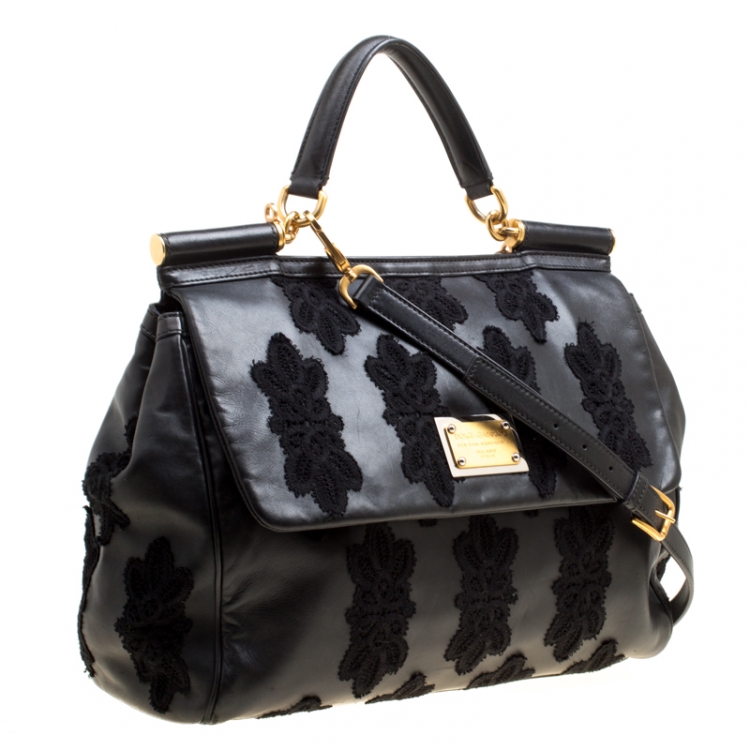 Pre Owned Dolce and Gabbana Black Leather and Lace Large Soft Miss Sicily Top Handle Bag