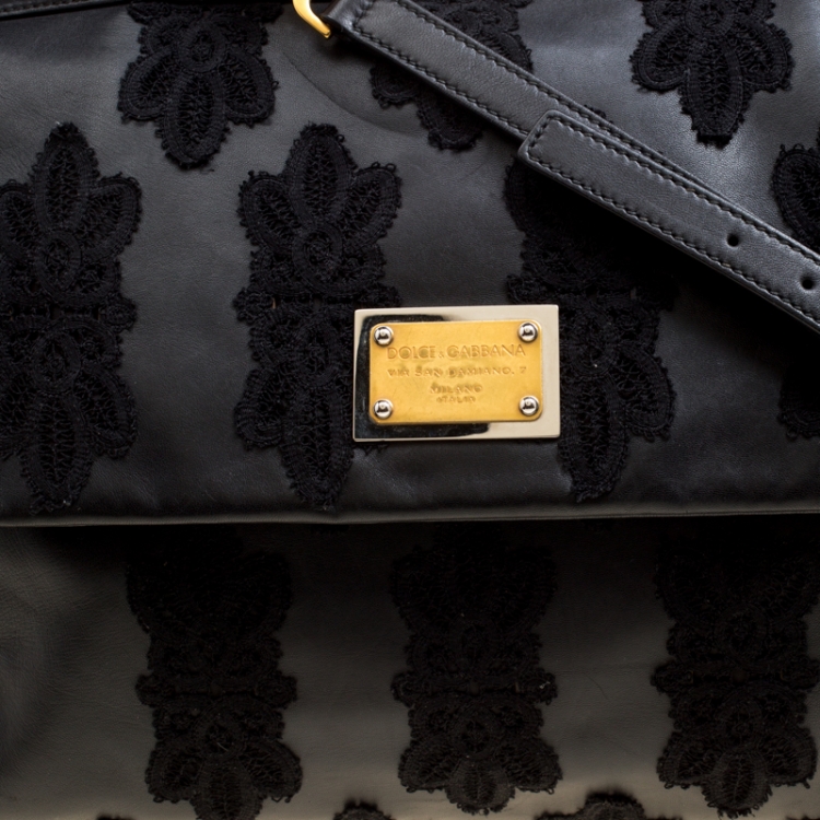 Pre Owned Dolce and Gabbana Black Leather and Lace Large Soft Miss Sicily Top Handle Bag